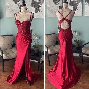 Brand new, never worn, and still has tags on size 4, red prom/formal dress. $250
